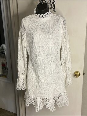 Eilly Bazar Mock Neck White Guipure Lace Mini Dress Size M